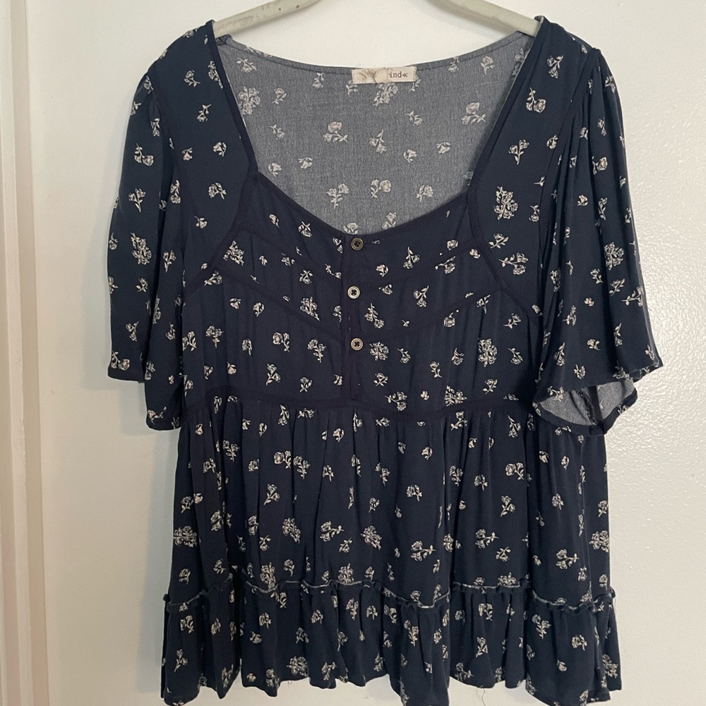 Rewind Blue and White Flutter Sleeve Blouse